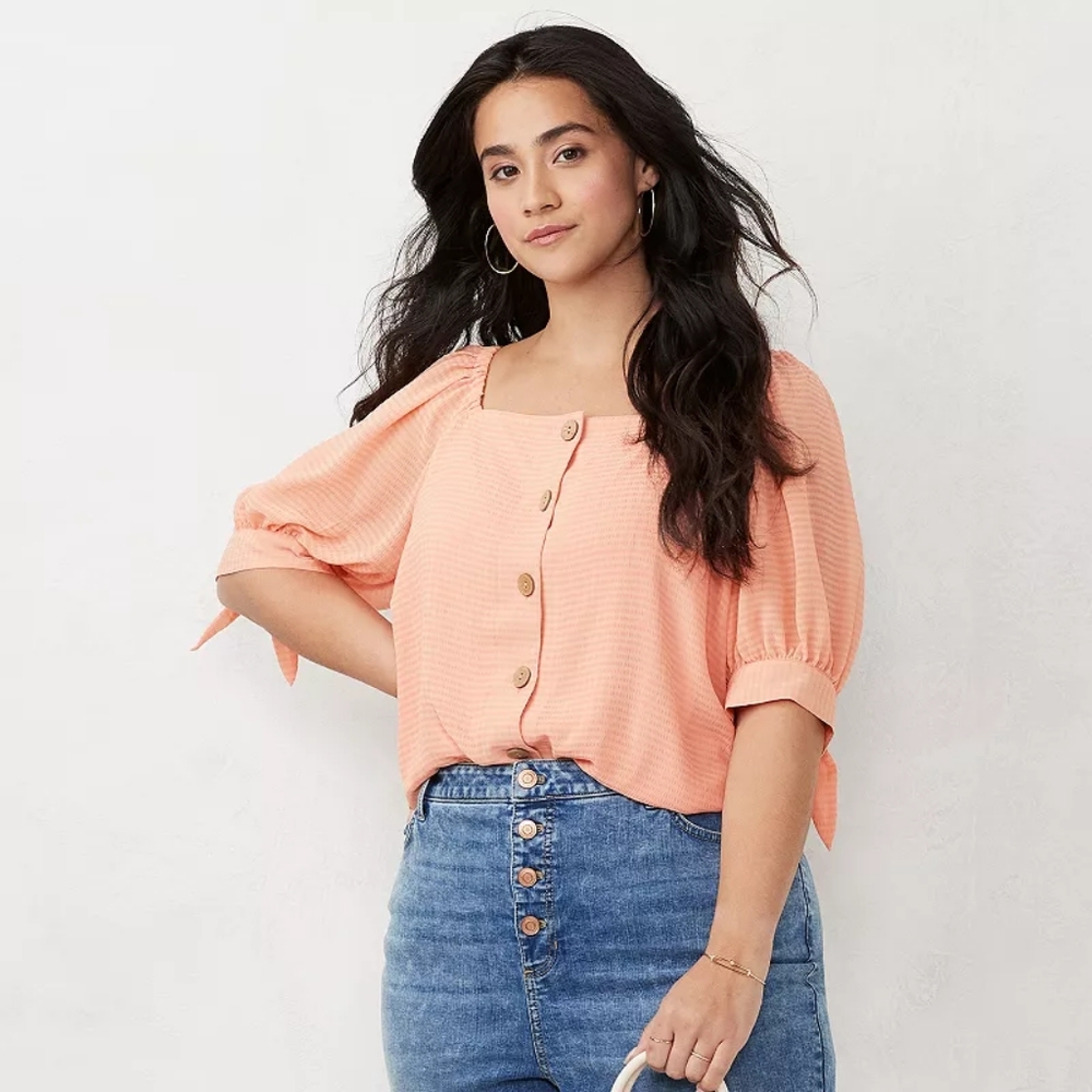 Plus Size LC Lauren Conrad Button Front Puff Sleeve Top- Pink Crepe
